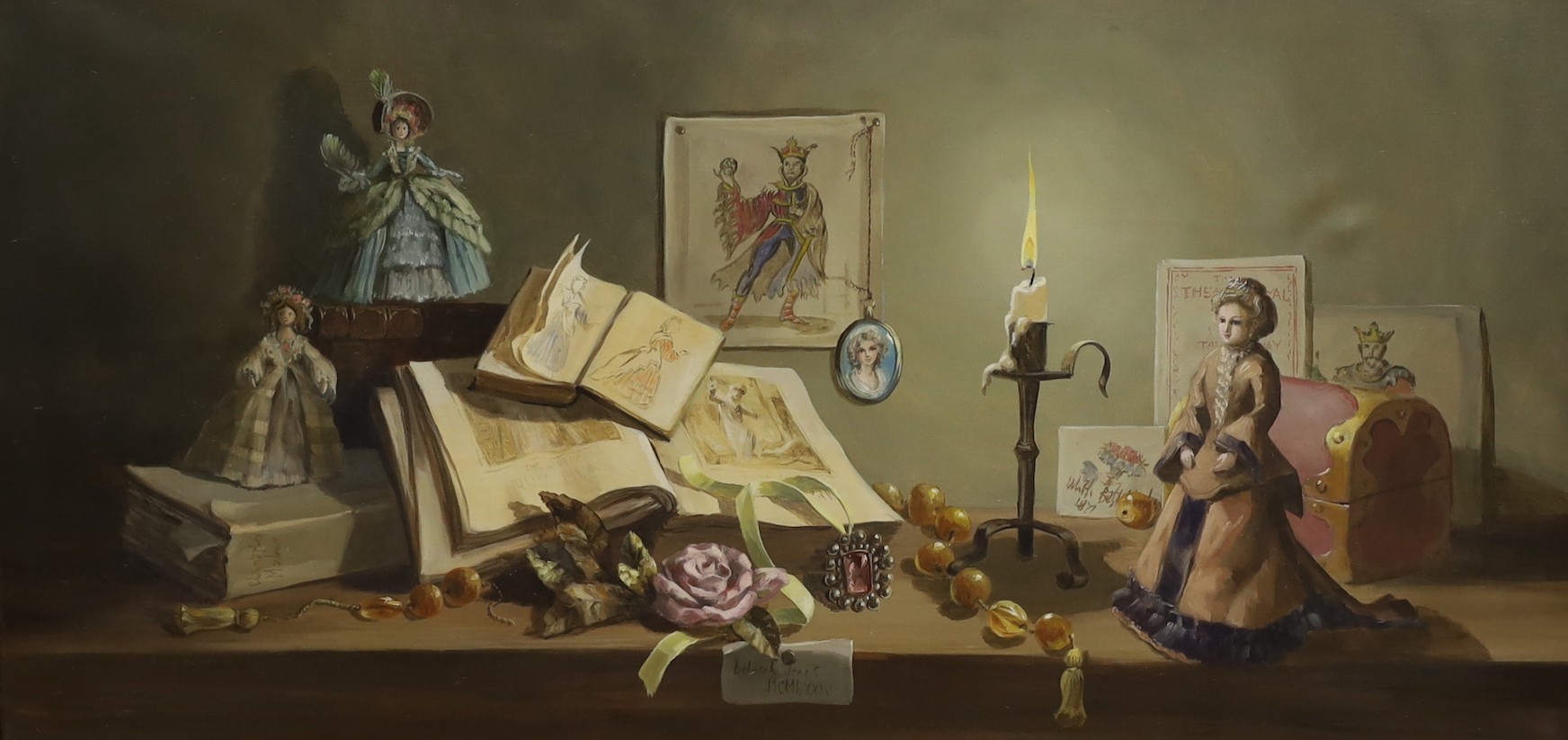 Deborah Jones (1921-2012), oil on canvas, Still life with books, dolls and candle, signed and dated 1974, label verso, 45 x 91cm.